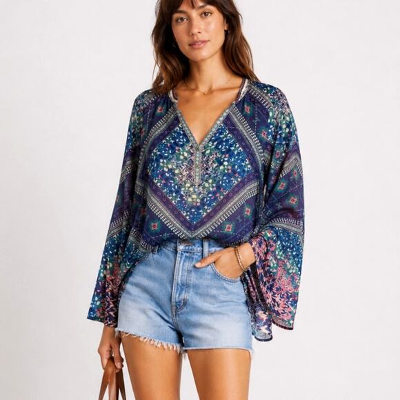 Hale Bob Tops - Hale Bob S Beaded Silk Flowy Tunic Top $278 Button Collar Boho Blouse Blue